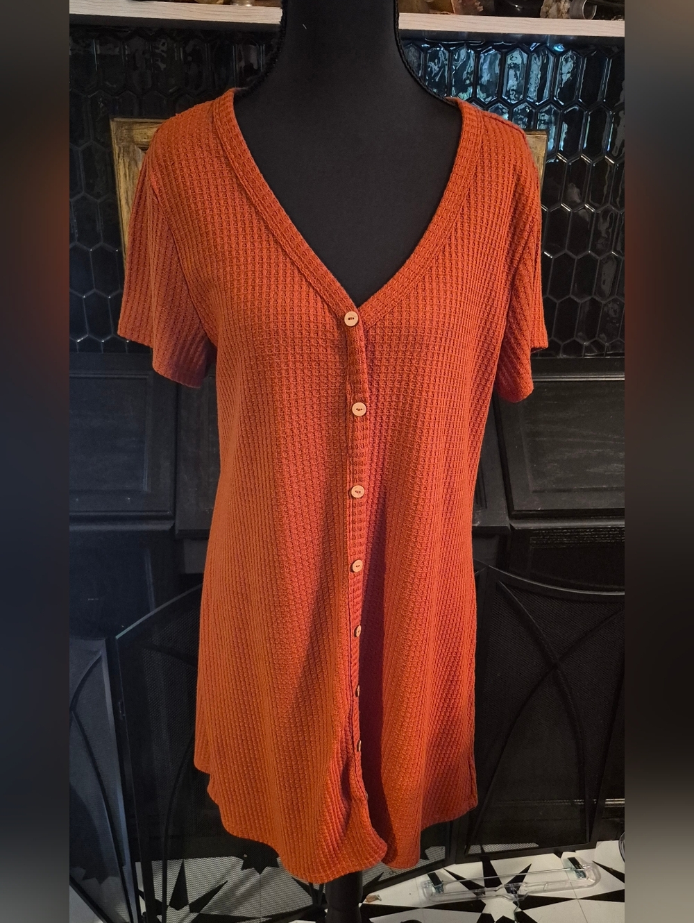 Burnt Orange/Rust Button-Front V-Neck Short Sleeve Dress Large Wishful Park